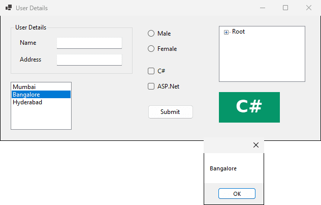 Bangalore is selected in the list and a message box shows Bangalore