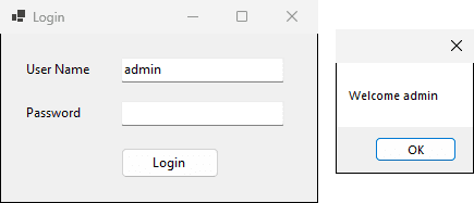 The login form with admin typed and a message box that says Welcome admin