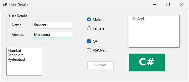 The finished form with the user's input, the tree and the picture