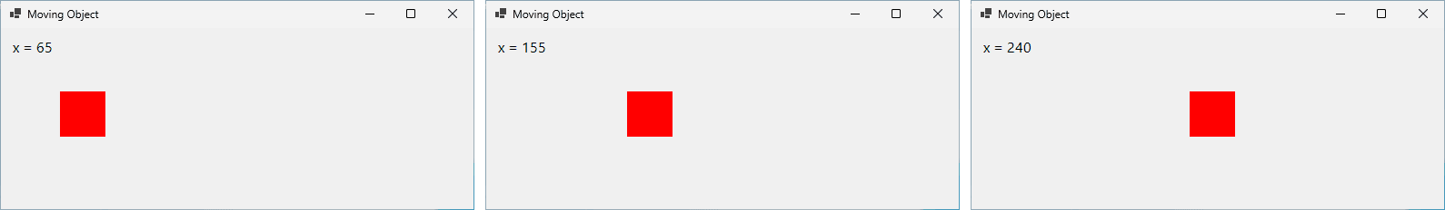 ثلاث لقطات شاشة بفاصل نحو ثانية بين كل لقطة والتي تليها: x = 65، وx = 155، وx = 240، والمربع الأحمر أبعد إلى اليمين في كل مرة