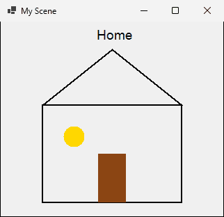 البيت: مستطيل، وسقف مثلث، وباب بني على الحافة السفلية، ونافذة دائرية صفراء، وكلمة Home