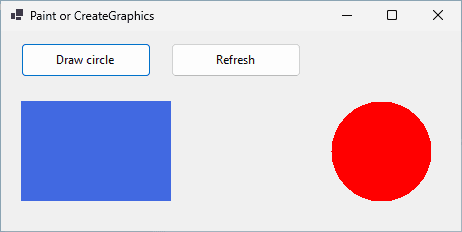 بعد Draw circle: المستطيل الأزرق ودائرة حمراء