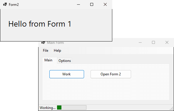 يعرض Form2 العبارة Hello from Form 1 بحروف كبيرة فوق النموذج الرئيسي
