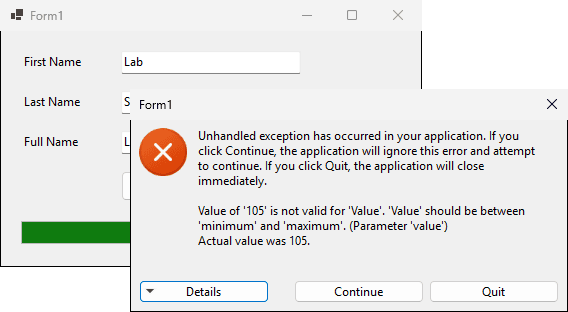 نافذة الاستثناء غير المعالج (unhandled exception): Value of 105 is not valid for Value