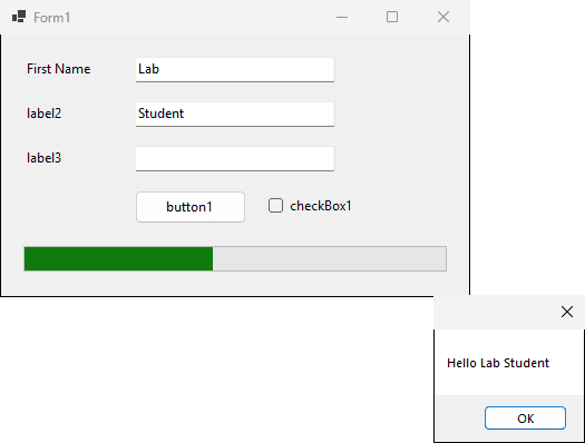 النموذج وقد كتب فيه Lab وStudent، ومربع رسالة يقول Hello Lab Student