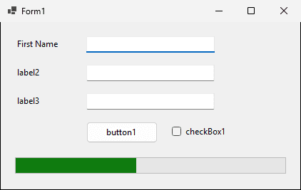 نموذج العرض السريع: ثلاث تسميات ومربعات نص، وbutton1، وcheckBox1، وشريط تقدم عند 45
