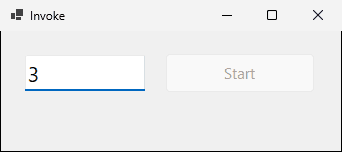 The Invoke version after 3.5 seconds: the text box shows 3 and the Start button is disabled