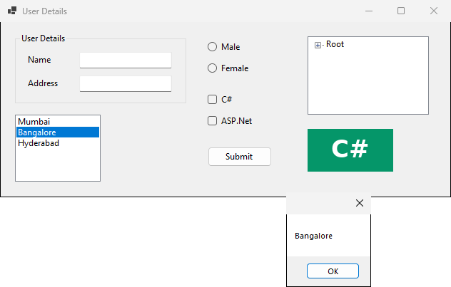Clicking Bangalore in the list shows a message box with the text Bangalore