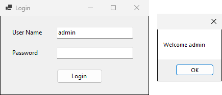 The login form with admin typed and the message box Welcome admin