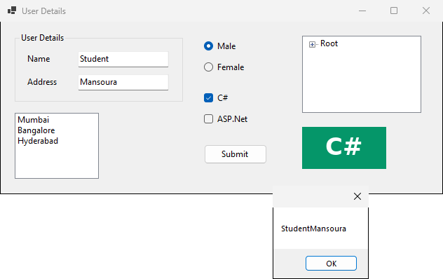 After typing Student and Mansoura and clicking Submit, the message box shows StudentMansoura