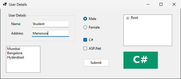 The finished User Details form with Student and Mansoura typed, Male and C# selected, the tree and the C# picture