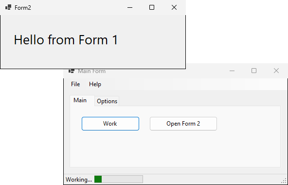 يعرض Form2 العبارة Hello from Form 1 بحروف كبيرة، فوق النموذج الرئيسي