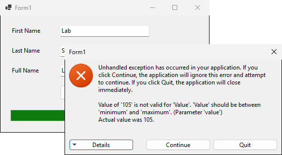 نافذة الاستثناء غير المعالج: Value of 105 is not valid for Value. Value should be between minimum and maximum