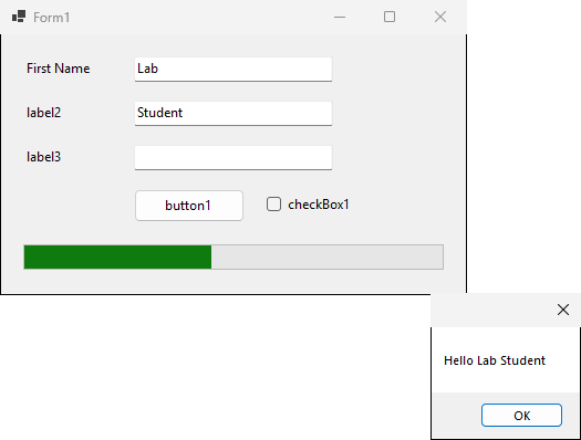 النموذج وقد كتب فيه Lab وStudent، ومربع رسالة يقول Hello Lab Student
