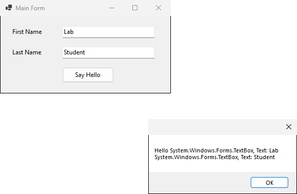 مربع الرسالة يعرض Hello System.Windows.Forms.TextBox, Text: Lab System.Windows.Forms.TextBox, Text: Student