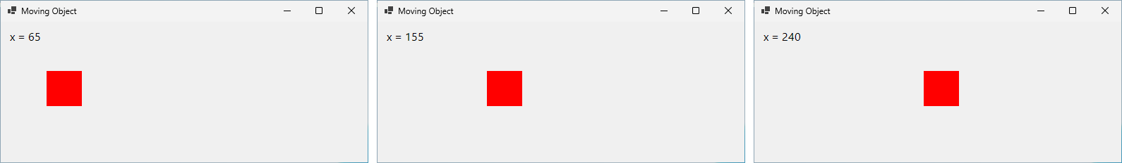 ثلاث لقطات شاشة بفاصل نحو ثانية بين كل لقطة والتي تليها: المربع عند x = 65 وx = 155 وx = 240