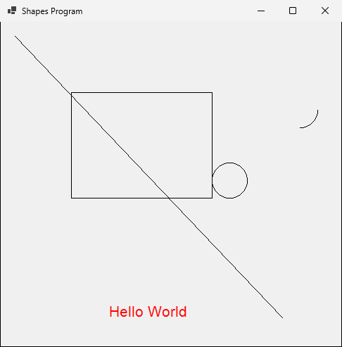 نافذة Shapes Program: خط مائل يعبر مستطيلا، ودائرة صغيرة تلمس الضلع الأيمن للمستطيل، وربع قوس في أعلى اليمين، وعبارة Hello World باللون الأحمر